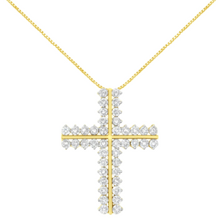 10K Yellow Gold 4.0 Cttw Diamond Two Row Cross 18" Pendant Necklace (J-K Clarity, I1-I2 Color)