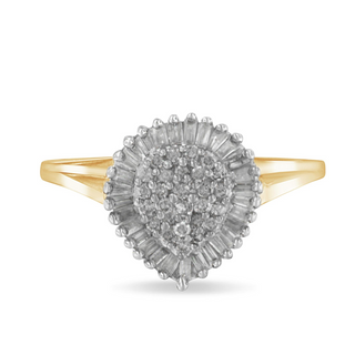 10K Yellow Gold 1/2 Cttw Round & Baguette Cut Diamond Pear Shaped Domed Pavé Cluster with Halo Cocktail Ring (J-K Color, I1-I2 Clarity)