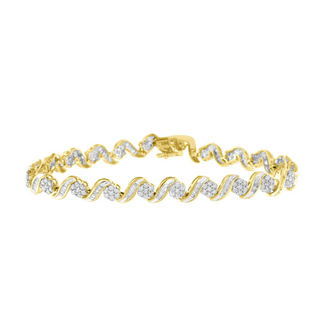 10k Yellow Gold 3.00 Cttw Round-Cut and Baguette-Cut Diamond Floral Link 7.50" Bracelet (J-K Color, I1-I2 Clarity)