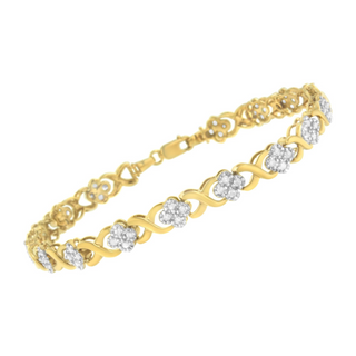 10K Yellow Gold over .925 Sterling Silver 1.0 Cttw Diamond Cluster X Link Tennis Link Bracelet (H-I Color, I3 Clarity) - 7"