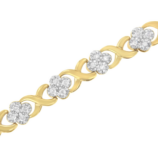 10K Yellow Gold over .925 Sterling Silver 1.0 Cttw Diamond Cluster X Link Tennis Link Bracelet (H-I Color, I3 Clarity) - 7"