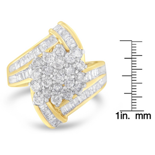 10K Yellow Gold Round and Baguette Diamond Crossover Cluster Ring (3 Cttw, I-J Color, I1-I2 Clarity)