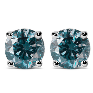 14K Gold Round Brilliant Cut Lab Grown Blue Diamond 4-Prong Classic Solitaire Stud Earrings with Screwbacks