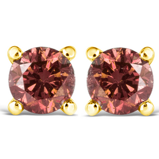 14K Gold 4-Prong Set Round Brilliant-Cut Pink Diamond Solitaire Stud Earrings (Treated Pink Color, VS2-SI1 Clarity)