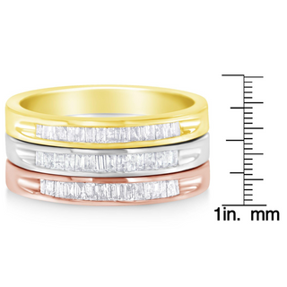 10K Yellow, White and Rose Gold over .925 Sterling Silver 5/8 Cttw Diamond Channel-Set Stackable Band Ring Set (H-I Color, I1-I2 Clarity)