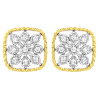 10K Yellow Gold Plated .925 Sterling Silver 1/4 cttw Diamond "Flower in a Box" Stud Earrings (I-J Color, I2-I3 Clarity)