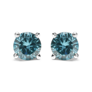 14K Gold 1/2 Cttw Aqua Blue Diamond Screw-Back 4-Prong Classic Stud Earrings (Color Treated, I2-I3)