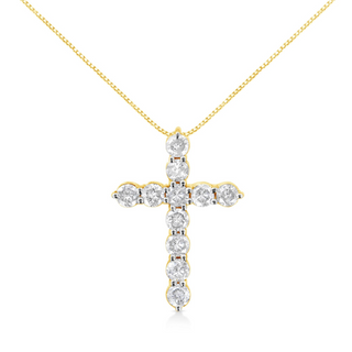 10K Yellow Gold Plated .925 Sterling Silver 1 cttw Prong Set Diamond Cross 18" Pendant Necklace (J-K Color, I1-I2 Clarity)