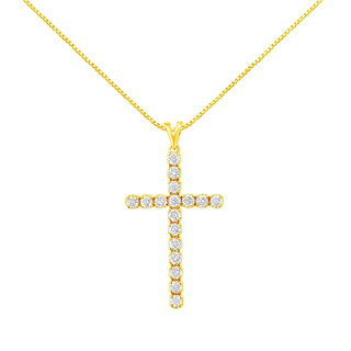 10k Yellow Gold Plated .925 Sterling Silver 2.0 cttw Classic Prong Set Round-Cut Diamond Cross 18" Pendant Necklace (J-K Color, I1-I2 Clarity)