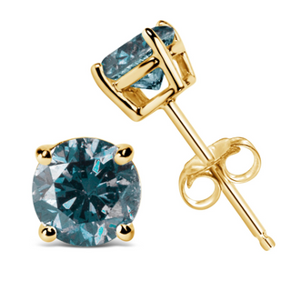 14K Gold Round Brilliant Cut Lab Grown Blue Diamond 4-Prong Classic Solitaire Stud Earrings with Pushbacks