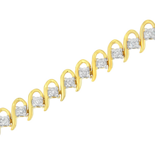 10K Yellow Gold Plated .925 Sterling Silver 1.0 cttw Diamond Alternating Wave and Round Link Tennis Bracelet (I-J Color, I2-I3 Clarity) - 7.25"