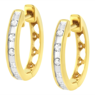 10K Yellow Gold Plated .925 Sterling Silver Channel Set Round-Cut Diamond Accent Classic Hoop Earrings (I-J Color, I1-I2 Clarity)