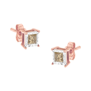 14K Rose Gold Plated Two-Tone .925 Sterling Silver 1/2 Cttw Princess-Cut Square Diamond Solitaire Miracle-Plate Stud Earrings (K-L Color, I2-I3 Clarity)