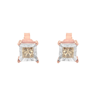 14K Rose Gold Plated Two-Tone .925 Sterling Silver 1/2 Cttw Princess-Cut Square Diamond Solitaire Miracle-Plate Stud Earrings (K-L Color, I2-I3 Clarity)