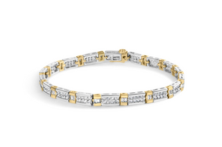 14k Two-Tone 2.00 Cttw Round-Cut and Baguette-Cut Diamond Bar Link 7" Bracelet (I-J Color, SI2-I1 Clarity)