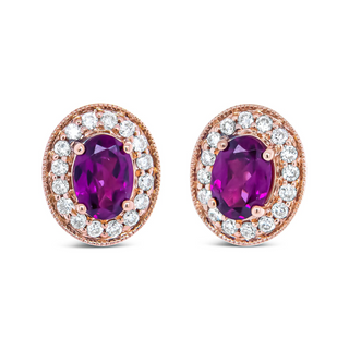 14K Rose Gold 7x5mm Oval Cut Garnet and 3/8 Cttw Round Diamond Halo Stud Earrings (G-H Color, SI1-SI2 Clarity)