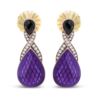 18K Rose Gold Flash Plated .925 Sterling Silver Purple Enamel 1/5 Cttw Round Pave-Set Diamond and 5.5 x 4mm Pear-Shaped Black Onyx Drop Earrings (F-G Color, VS1-VS2 Clarity)