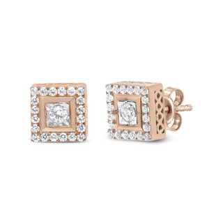 14K Rose Gold Plated .925 Sterling Silver 1/2 Cttw Diamond Halo Square-Shaped Frame Stud Earring (I-J Color, I3 Clarity)