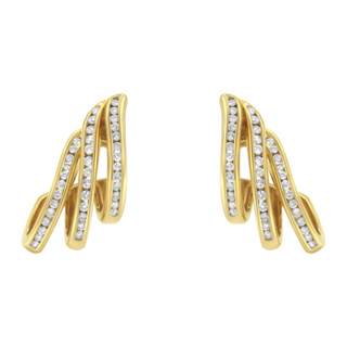 10K Yellow Gold 1.0 Cttw Round Brilliant Cut Diamond Spiral Multi Row Channel Set Open Hoop Pushback Stud Earrings (H-I Color, I1-I2 Clarity)