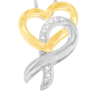 10K Yellow Gold and .925 Sterling Silver 1/20 cttw Diamond Ribbon-Heart Pendant Necklace (H-I, I1-I2)