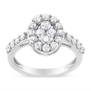 .925 Sterling Silver 1.0 Cttw Brilliant-Cut Diamond Halo-Style Cluster Oval Ring (I-J Color, I3 Clarity)