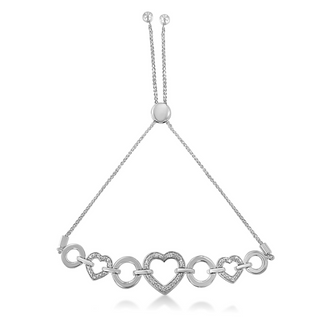 .925 Sterling Silver 1/10 Cttw Round-Cut Diamond Heart-Link Adjustable Bolo Bracelet ( H-I Color, I2-I3 Clarity) - 6"-9" Adjustable