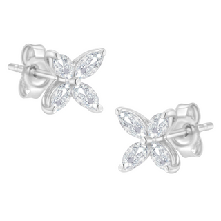 14K Gold Marquise Diamond 8 Stone Floral Leaf Stud Earrings (I-J Color, SI2-I1 Clarity)