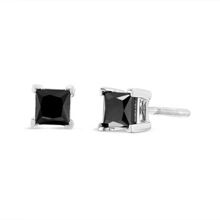 .925 Sterling Silver Princess-Cut Square Black Diamond Classic 4-Prong Stud Earrings with Screw Backs (Fancy Color-Enhanced, I2-I3 Clarity)